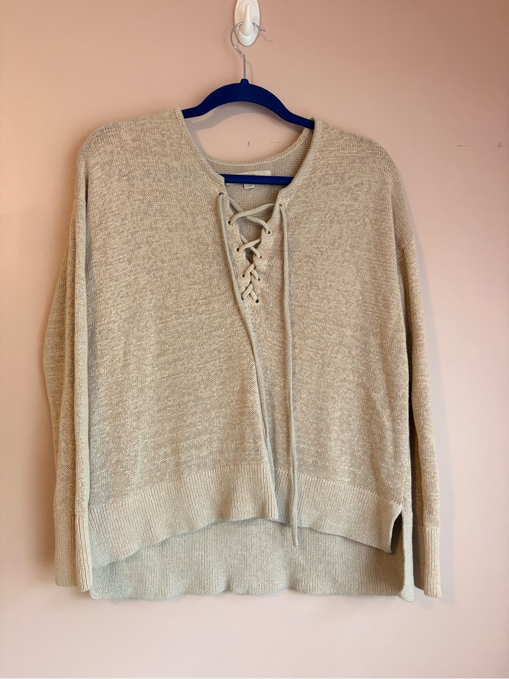 ❤️LOFT Lace-Up V-Neck Knit Sweater in Cream
